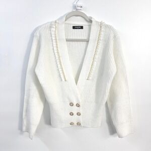 Pearl Button Coquette Wrap Sweater Medium White Old Money Preppy Knit Top